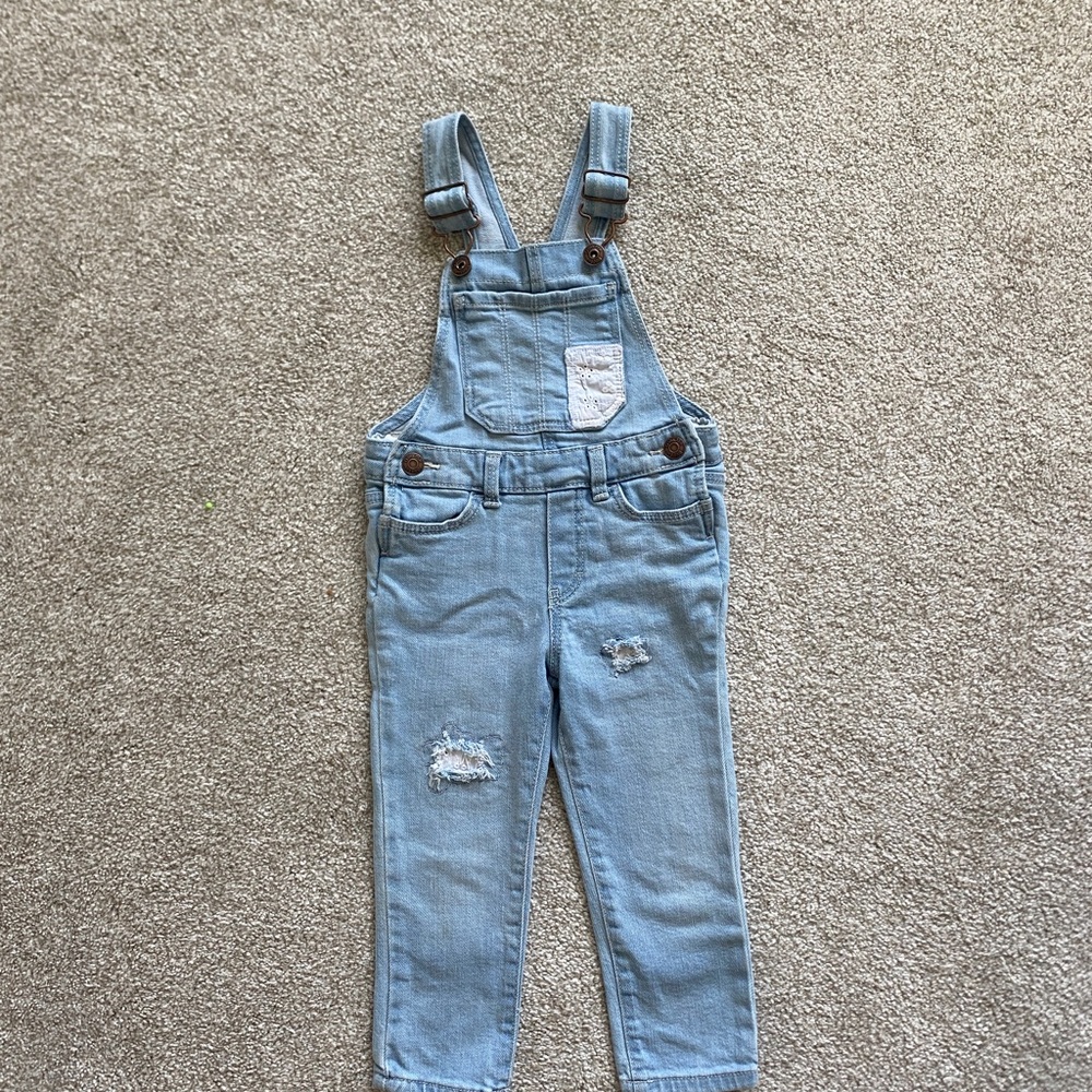 Denim and lace embellished overalls